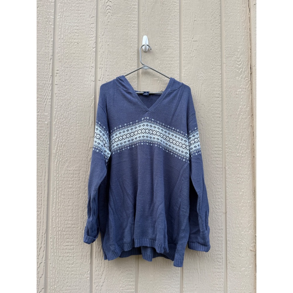 Denim & Co 1X Hooded Sweater Fair Isle Nordic Blue Knit V-Neck Pullover